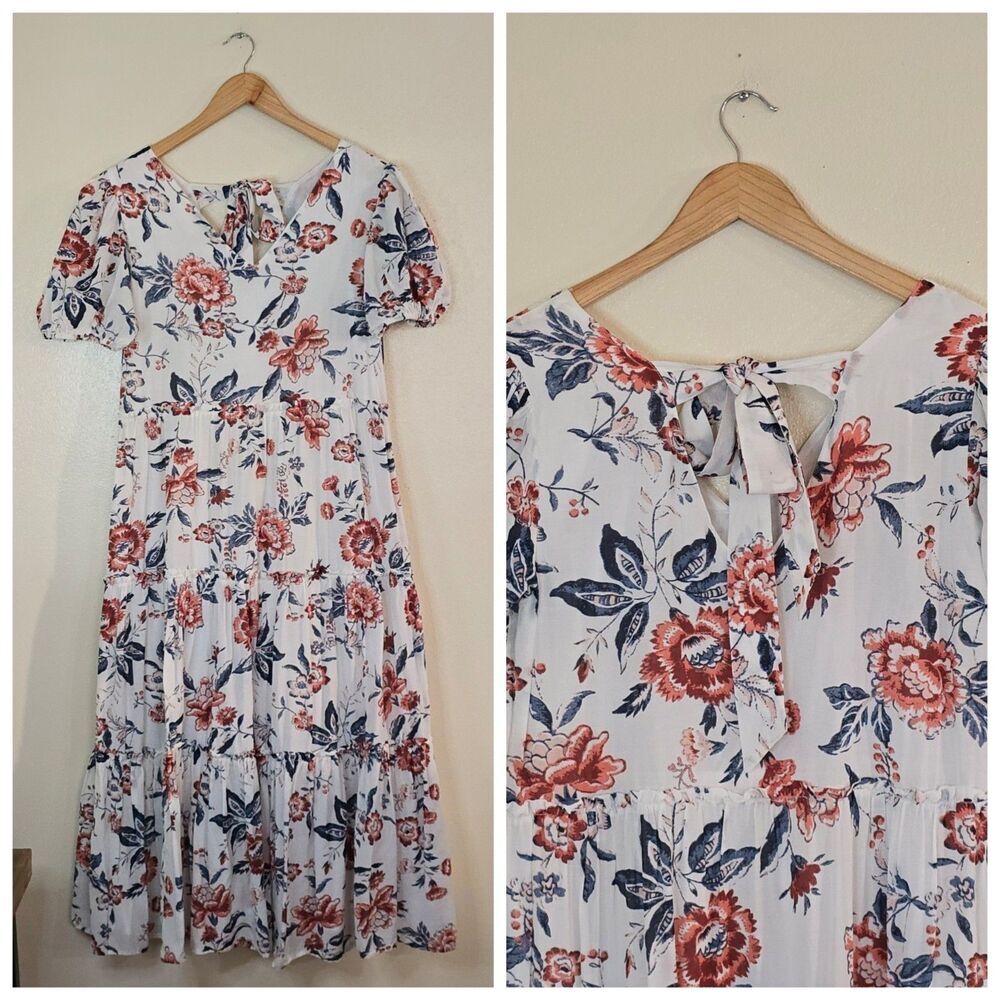 Lucky Brand Floral Tiered Midi Dress Puff Sleeve Cotton Blend Womens Size Small - Picture 3 of 14